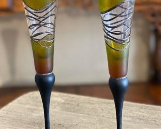 #4 2pc Art Glass Champagne flutes Signed  PAIR	11.25in H x 2.75in Diameter at top	
