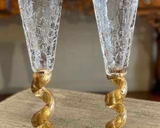 2pc Union Street Glass Gold Spiral Stem Champagne Flutes Glasses PAIR	10in H x 2.75in Diameter at top	
