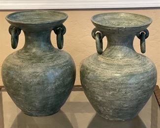 2pc Pottery Green Decor Vases Ring Handle	16in H x 12in Diameter	
