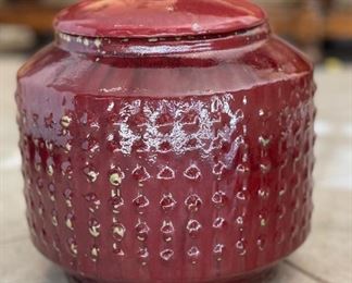 Red Hobnail Ceramic Lidded Vase Decor	14in H x 14in diameter	HxWxD
