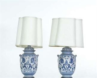 Pair Of Italian Hand-Painted Floral Lamps With Shades