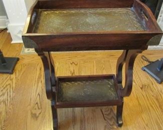 Indonesian hardwood and tooled metal side table. H 27”, W 18 1/4”, D 12” $45