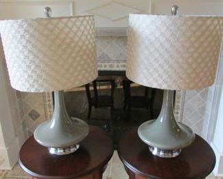 Pair green glass table lamps. With embroidered shades. Height with shade 24” $75 each