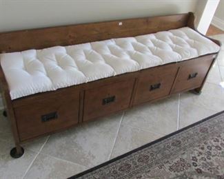 Arts and Crafts style oak hall bench. H 26", W 68", D 13" $300