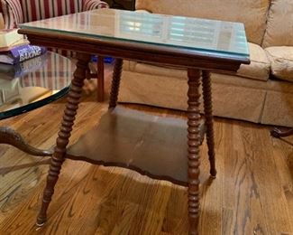 #19 Radio Table w/barley Twist legs w/glass protect top 24x29 (as is finish) $75.00