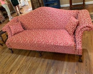 #25 Camel Back Red/Gold Sofa 88" w/ball& Claw Feet $200.00