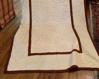 #26 Double Wedding Ring Hand-quilted Twin Size Quilt Brown/Cream $60.00