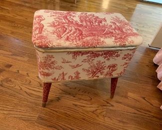 #30 Sewing Stool w/lift Top w/Red Toile Fabric 12x19x18 $40
