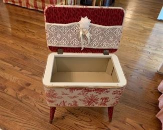 #30 Sewing Stool w/lift Top w/Red Toile Fabric 12x19x18 $40