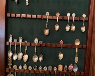 #35 Wood Silver Spoon Dispay Cabinet w/30 Commerative spoons $75.00