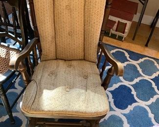 #42 Dark Wood Glider Rocker w/tan Cushions $60.00
