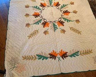 #79 Hand-Embroidered Fall Leaf Full Size Quilt - Hand Quilted $75.00