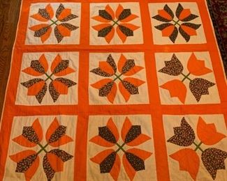 #80 Twin orange Tulip Pattern Quilt $75.00