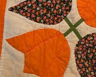 #80 Twin orange Tulip Pattern Quilt $75.00