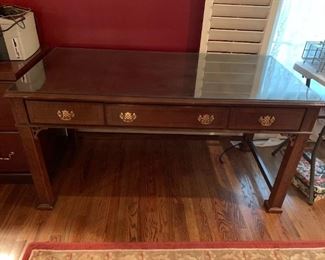 #90 Wood Desk w/glass protect - inlaid top w/3 drawers 58x27x30 $175.00