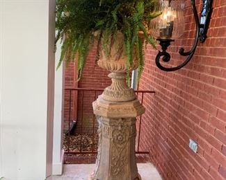 #104 2 pc. Concrete Detailed Pedistal Planters 39-62 $500 (good one) $400 (cracked Base) $900.00