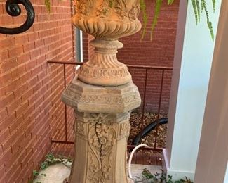 #104 2 pc. Concrete Detailed Pedistal Planters 39-62 $500 (good one) $400 (cracked Base) $900.00