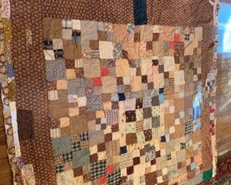 #108 Brown Scrappy Full Size Hand-quilted Hand-Tyed Quilt $50.00