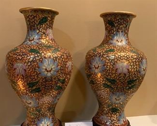 #109 Cloisonne Vases w/wood bases - Pair 12.5 $80.00