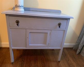 #119 Blue Painted Cabinet w/1 drawer & 1 door (missing knob) - on wheels 36x18x32 $75.00