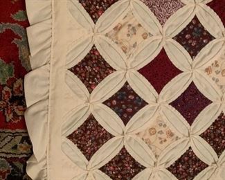 #195 quilt twin stainglass pattern brown cream quilt $75.00
#196 quilt Twin stainglass pattern brown cream quilt with ruffle $75.00