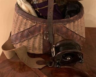 #198 fish antique fly fishing basket w reel $40.00