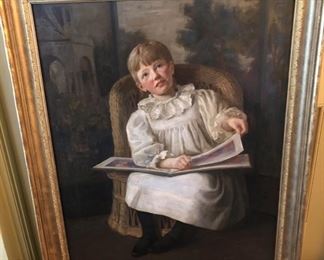 YOUNG VICTORIAN GIRL READING OIL ON CANVAS WITH HEAVY GILT FRAME - EXQUISITE DETAILING 54" X 44.5"