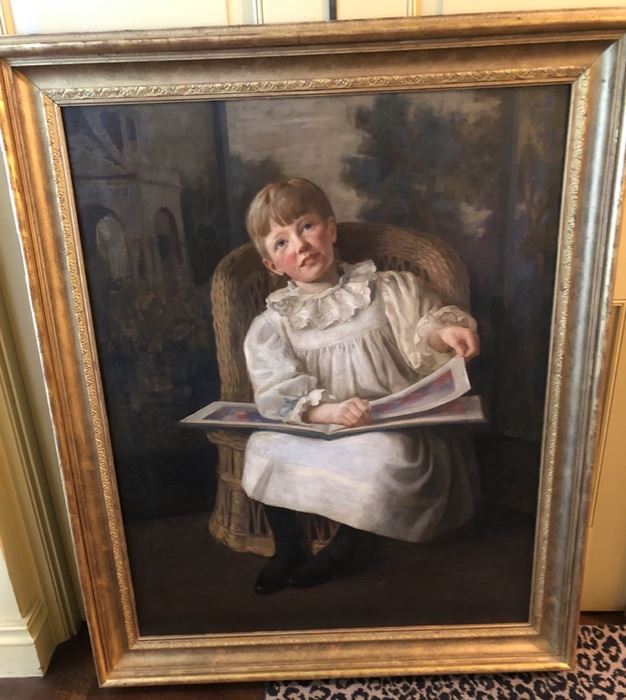 YOUNG VICTORIAN GIRL READING OIL ON CANVAS WITH HEAVY GILT FRAME - EXQUISITE DETAILING 54" X 44.5"