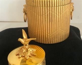 19TH CENTURY GOLD PLATED BISCUIT BARREL WITH HINGED LID 8"T AND GOLD PLATED FOOTED AND LIDDED TRINKET BOX WITH LOVELY BIRD FINIAL
