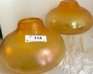 PAIR UNIQUE ORANGE IRIDESCENT HAND BLOWN VASES