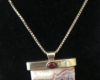 GEODE SLICE WITH AMETHYST CRYSTAL SET IN STERLING WITH GARNET ON STERLING CHAIN