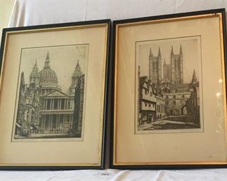 PAIR BEAUTIFUL FRAMED HAROLD THORNTON DRAWINGS OF ST. PAUL'S CATHEDRAL AND LINCOLN CATHEDRAL