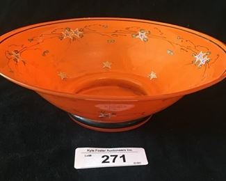 GORGEOUS VINTAGE ORANGE BOHEMIAN GLASS OOTED BOWL HAND PAINTED WITH ENAMEL STARS