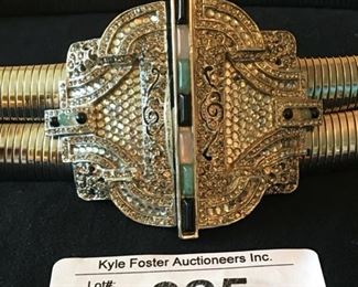 FABULOUS JUDITH LEIBER SILVERTONE BELT WITH ART DECO STYLE CLASP ADORNED WITH RHINESTONES, MARCASITES, ONYX, JADE AND ROSE QUARTZ