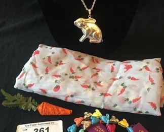 STERLING RABBIT NECKLACE - PENDANT, NICK & NORA SILK SCARF, CARROT PIN AND VERA WANG PRINCESS RABBIT BRACELETS