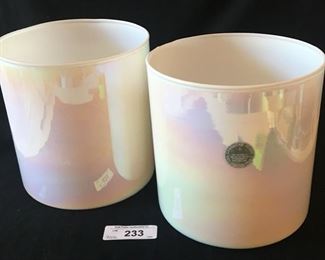 PAIR VINTAGE CAMBRIDGE GLASS OPALESCENT IRIDESCENT ART GLASS CYLINDER CACHEPOTS / VASES