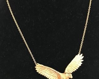 MAJESTIC EAGLE IN FLIGHT 14K NECKLACE WITH LEAF SHAPE FACETED AMETHYST.
