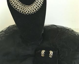 AMAZING STERLING AND 18K CHAIN NECKLACE WITH EXTENDER, SIGNED DY, SILVER AND GOLD TONE CLIP ON EARRINGS WITH WOVEN DESIGN AND SHEER BLACK SHAWL / PASHMINA WITH SILK THREADS AND FRINGE