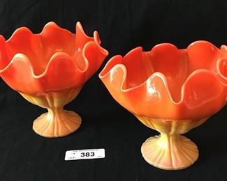 PAIR MID CENTURY L.E. SMITH BITTERSWEET ORANGE SLAG GLASS PEDESTAL COMPOTE BOWLS