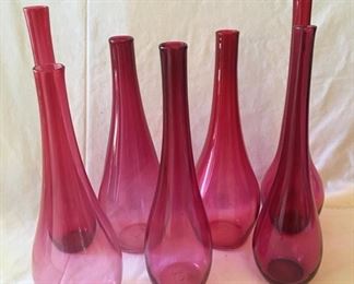 COLLECTION OF TALL PINK HAND BLOWN BUD VASES