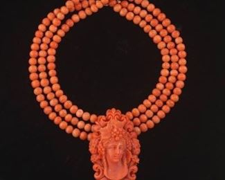  Finely Carved Coral Cameo Brooch and Matching Necklace 
