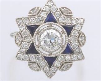  Art Deco Platinum, Diamond and Blue Sapphire Ring 