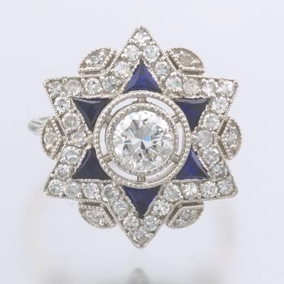  Art Deco Platinum, Diamond and Blue Sapphire Ring 