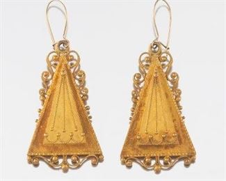  Pair of Etruscan Revival Style Gold Pendant Earrings 