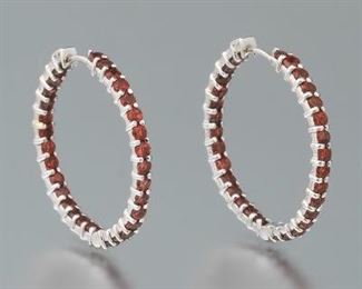  Pair of Gold and Garnet Inside and Out Hoop Earrings 