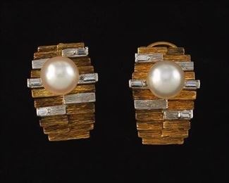  Pair of Gold, Diamond, and Pearl Modernist Earrings 