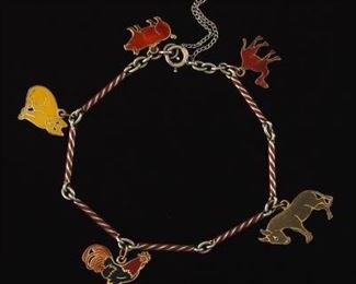 14k Gold and Enamel Animal Charm Bracelet 