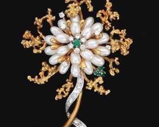 18k Gold, Pearl and Gemstone Brooch 