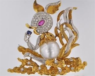 18k Gold, Pearl, Diamond, and Ruby Squirrel Brooch 