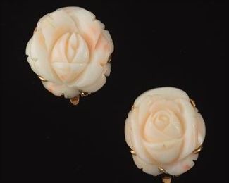 A Pair of Carved Angel Skin Coral Ear Clips 
